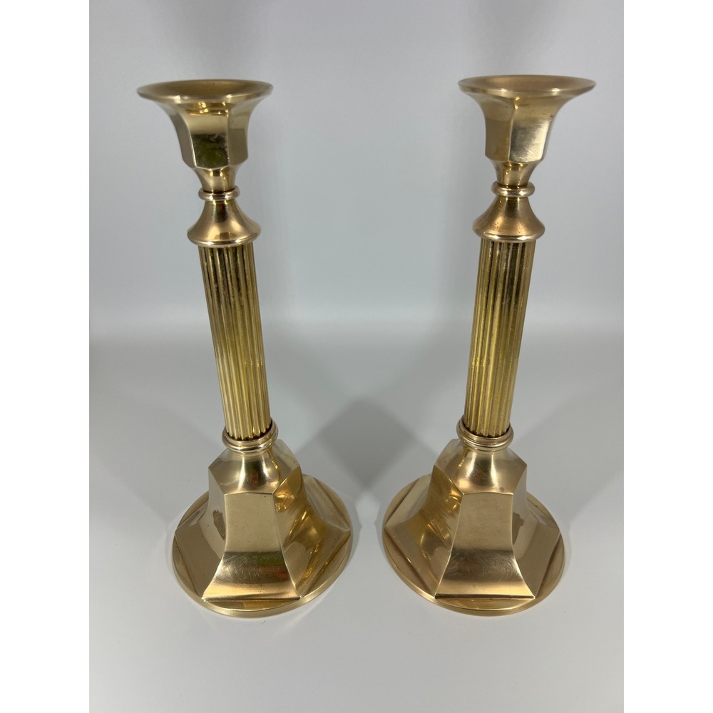 Vintage Polished Brass Fluted Column Candlesticks Set of 2 Hexagon Base 10.5"